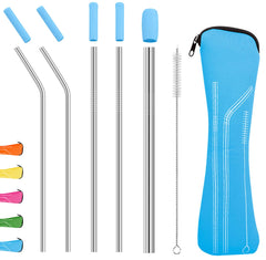 Uoking Metal Straw, 5 Pack Stainless Steel Straws Friendly Drinking Reusable Straw with Silicone Tips Cover & 1 Cleaning Brushes (Blue)