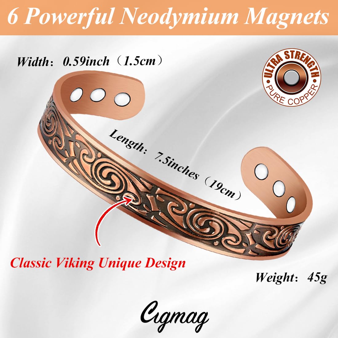 Cigmag 9X Mens Copper Bracelet Ultra Strength Magnet 99% Solid Pure Copper Magnetic Bracelets for Men Adjustable Cuff Bangle Brazaletes with Gift Box for Father's Day (Classic Viking)