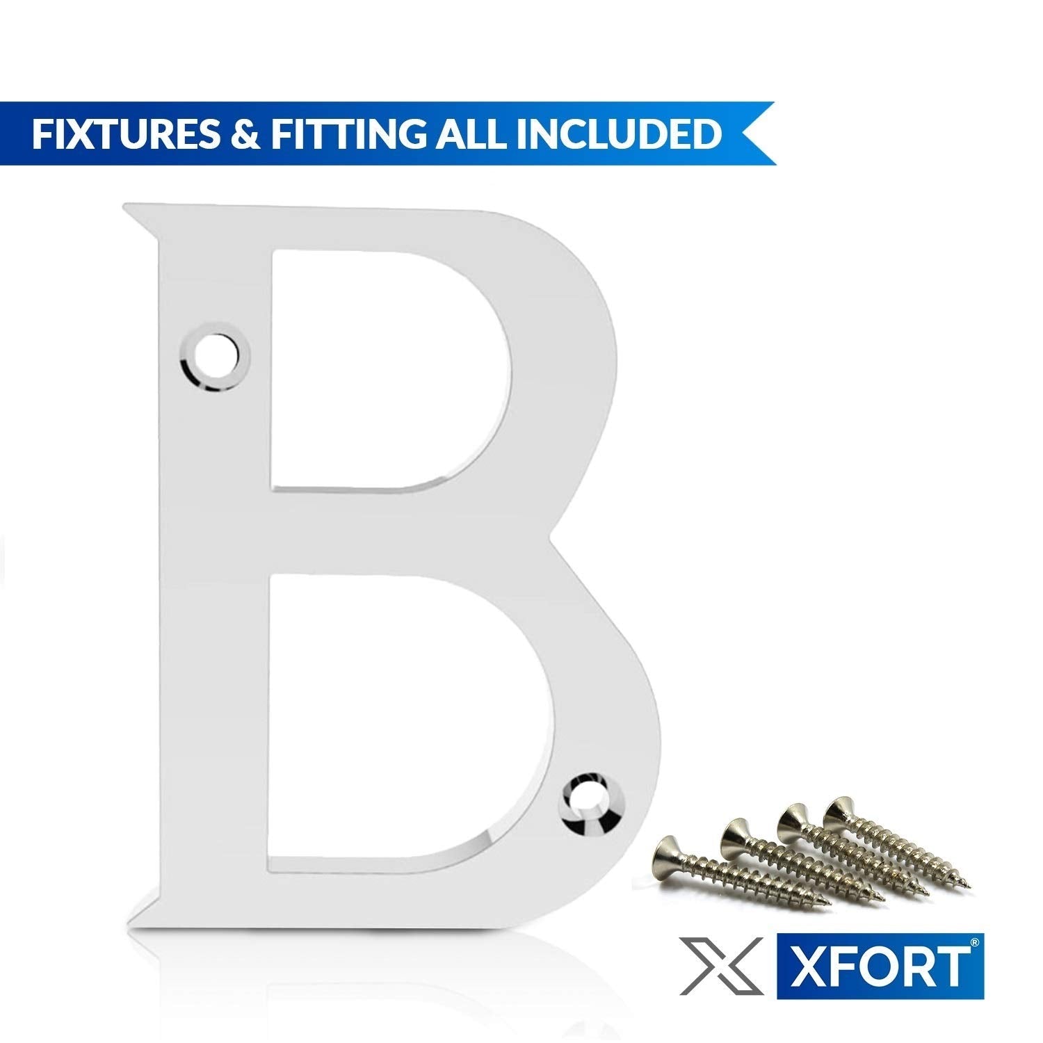 XFORT® 3 Inch Screw Fix Front Door Letter, Letter B, Elegant and Bold Door Letters in a Polished Chrome Mirror Finish, Suitable for All Door Types Including Wooden, uPVC, and Composite.