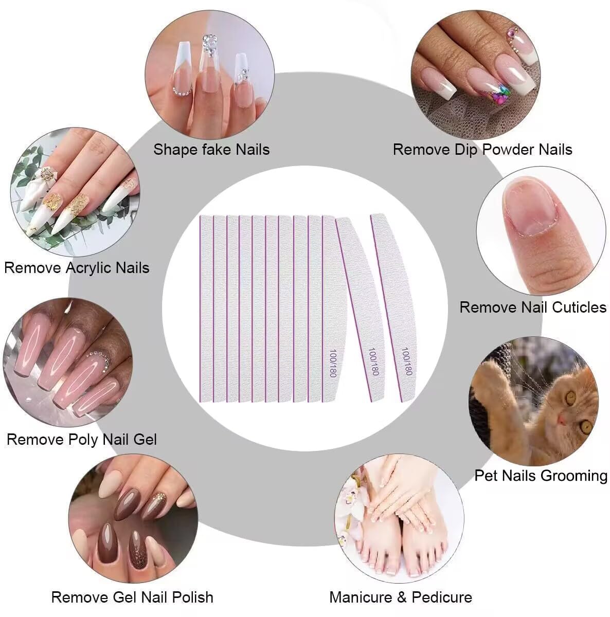 12PCS Professional Nail Files Double Sided Emery Board 100/180 Grit Washable Nail Files, Fingernail Buffering Files Manicure Tools Nail Styling Tools Pet Grooming Tools