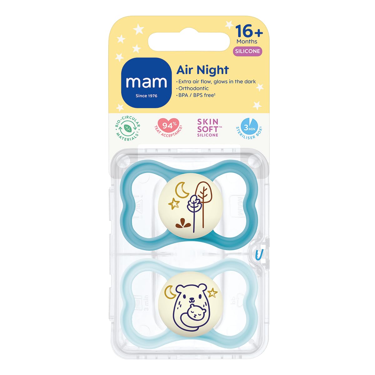 MAM Rubber Latex Original Night Soothers 16 Months and (Pack of 2), Glow in The Dark Baby Soothers with Self Sterilising Travel Case, Newborn Essentials, Cream & Blue, (Designs May Vary)