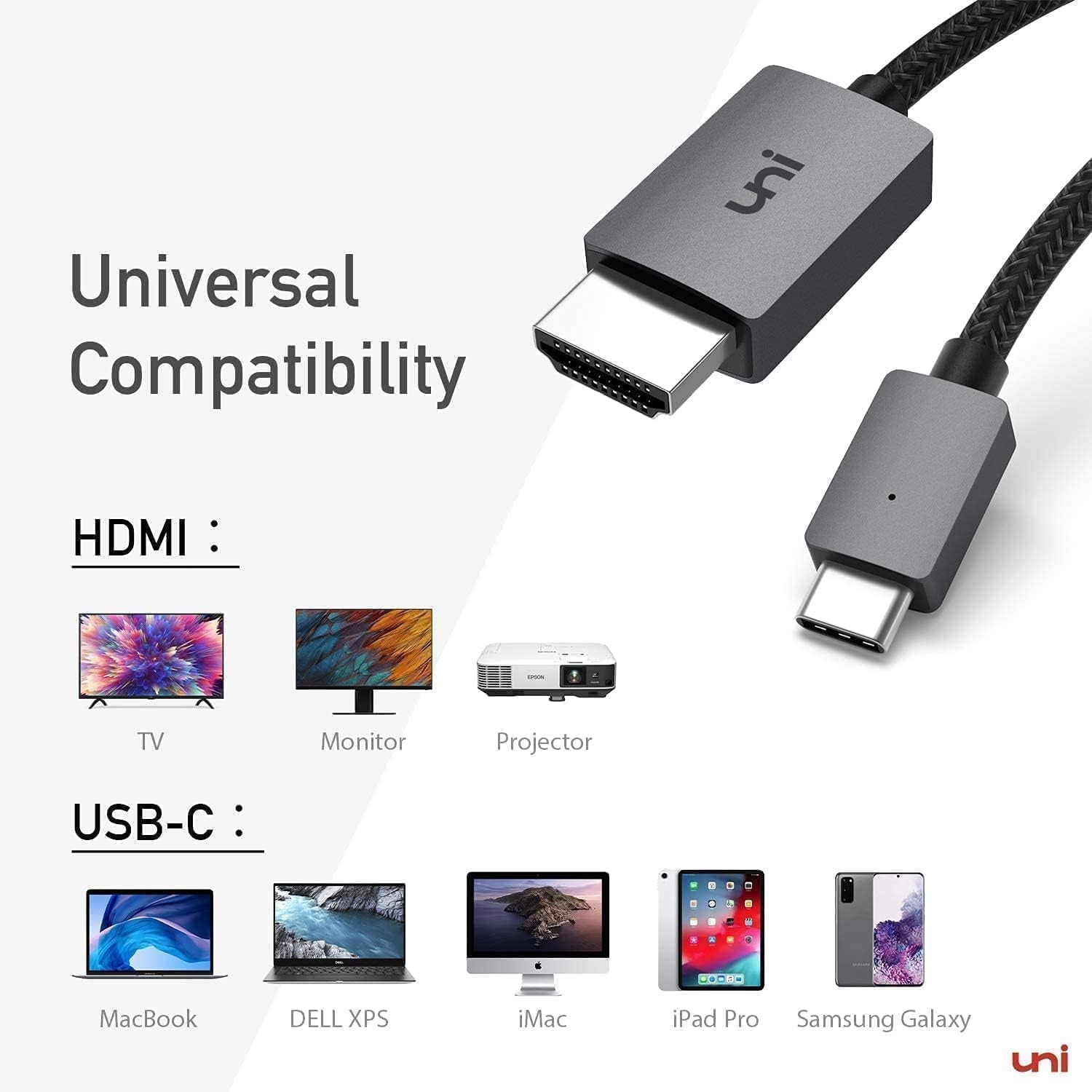 uni USB C to HDMI Cable, [4K, High-Speed] USB Type-C to HDMI for Home Office, [Thunderbolt 3/4 Compatible] for iPhone 15 Pro/Pro Max, MacBook Pro/Air, iPad Pro/Air, iMac, S23, XPS 17 etc.-1.8m