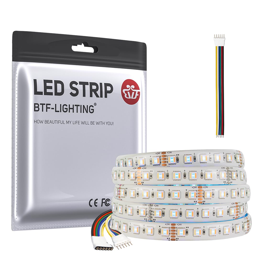 BTF-LIGHTING 5in1 RGBCCT 5050 5M 96LEDs/m 480LEDs RGBandCold WhiteandWarm White LED Strip DC24V Ip65 Waterproof White PCB 5 Colour in 1 LED for Room Home Decoration(Strip Only)