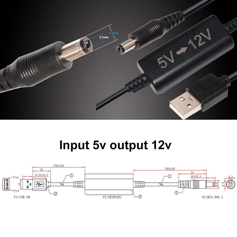 Step Up Converter,KUNCAN 5V to 12V 1A USB Step Up Voltage Transformer DC Power Cable with Barrel Jack Booster Module(5V-12V) for Camera, Desk lamp, Speakers, Blue Tooth Headset