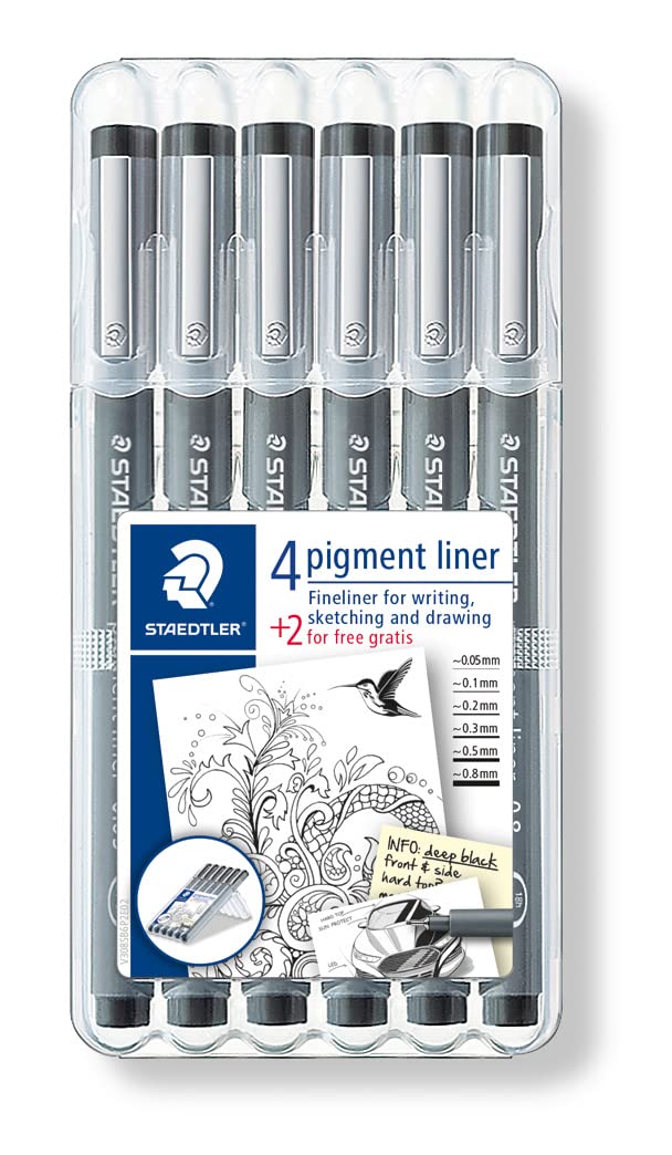 STAEDTLER ‎308 SB6P Pigment Liner Fineliner Pens with Assorted Line Width - Black (Set of 4 and 2 Free)