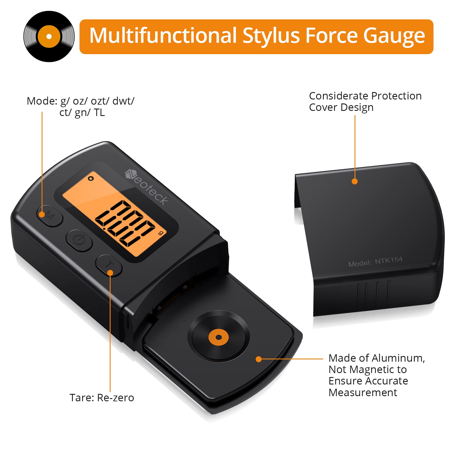 Neoteck Digital Turntable Stylus Force Scale Gauge 0.01g/5.00g Blue LCD Backlight for Tonearm Phono Cartridge-Jet Black