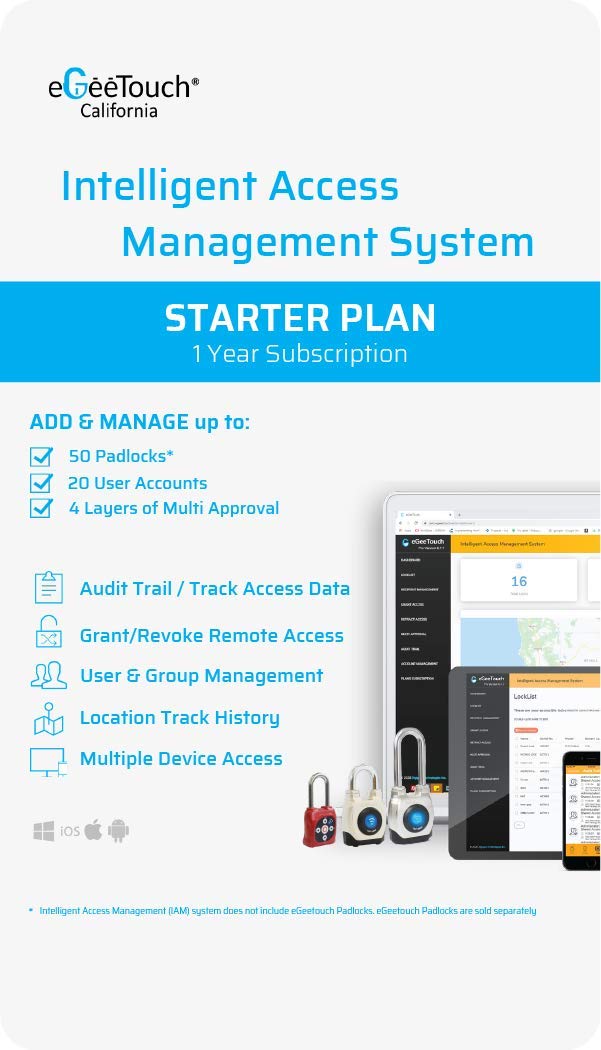 eGeeTouch Intelligent Access Management Software to ACCESS & MANAGE Padlocks & Users, GRANT & REVOKE Access REMOTELY and TRACK Access History   1 Year Subscription (STARTER Plan)   14 Days FREE Trial