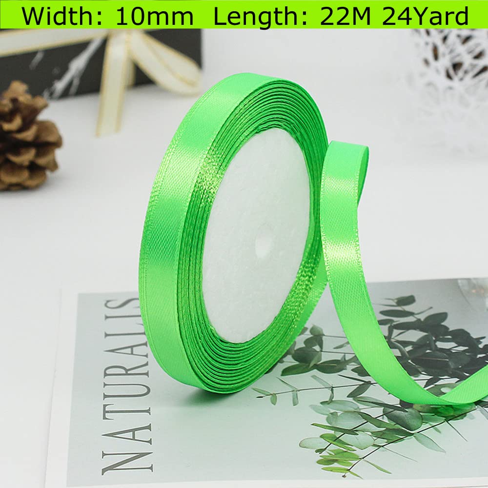 Fluorescent Green Satin Ribbon 10mm, 22M Solid Colors Fabric Green Ribbon for Crafting, Gift Wrapping, Balloons, DIY Sewing, Hair Bows, Xmas, Valentine, Presents Bouquets Floral Wedding & Cake Décor