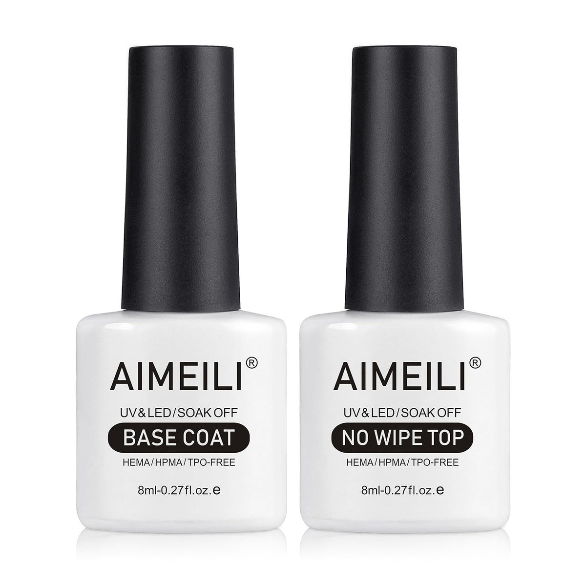 AIMEILI Gel Nail Polish Base Coat and Top Coat Set, 2×8ml Soak Off UV LED Gel Nail Varnish Lacquer Manicure Set, Gloss Shiny Long Lasting