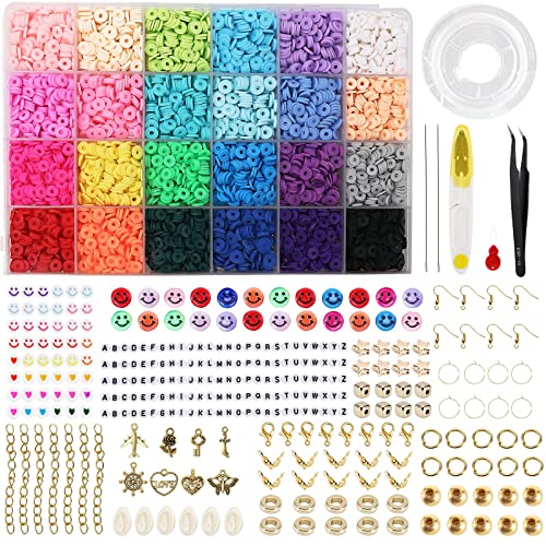 LauCentral 6100and PCS Clay Beads Kit,Clay Flat Beads Polymer Clay Beads 24 Colours Round, Bracelet Making Kit with Alloy Pendant, Beads Bracelet String for DIY Bracelet Necklaces Jewelry Making Kit