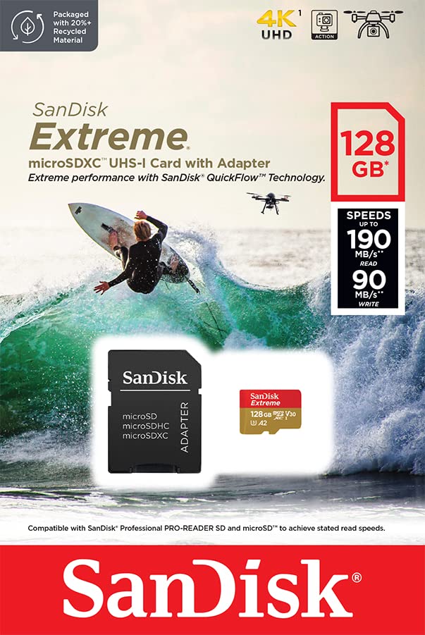 SanDisk 128GB Extreme microSDXC card for Action Cams and Drones and SD adapter and RescuePRO Deluxe, up to 190 MB/s, with A2 App Performance, UHS-I, Class 10, U3, V30