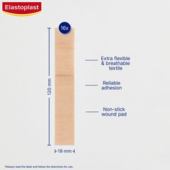 Elastoplast Extra Flexible Finger Strip Plasters (16 Plasters), Flexible and Durable Everyday Plasters for Fingers, Stretchy Fabric Plasters, Waterproof Plaster, Extra-long Plaster for Better Hold, Tan