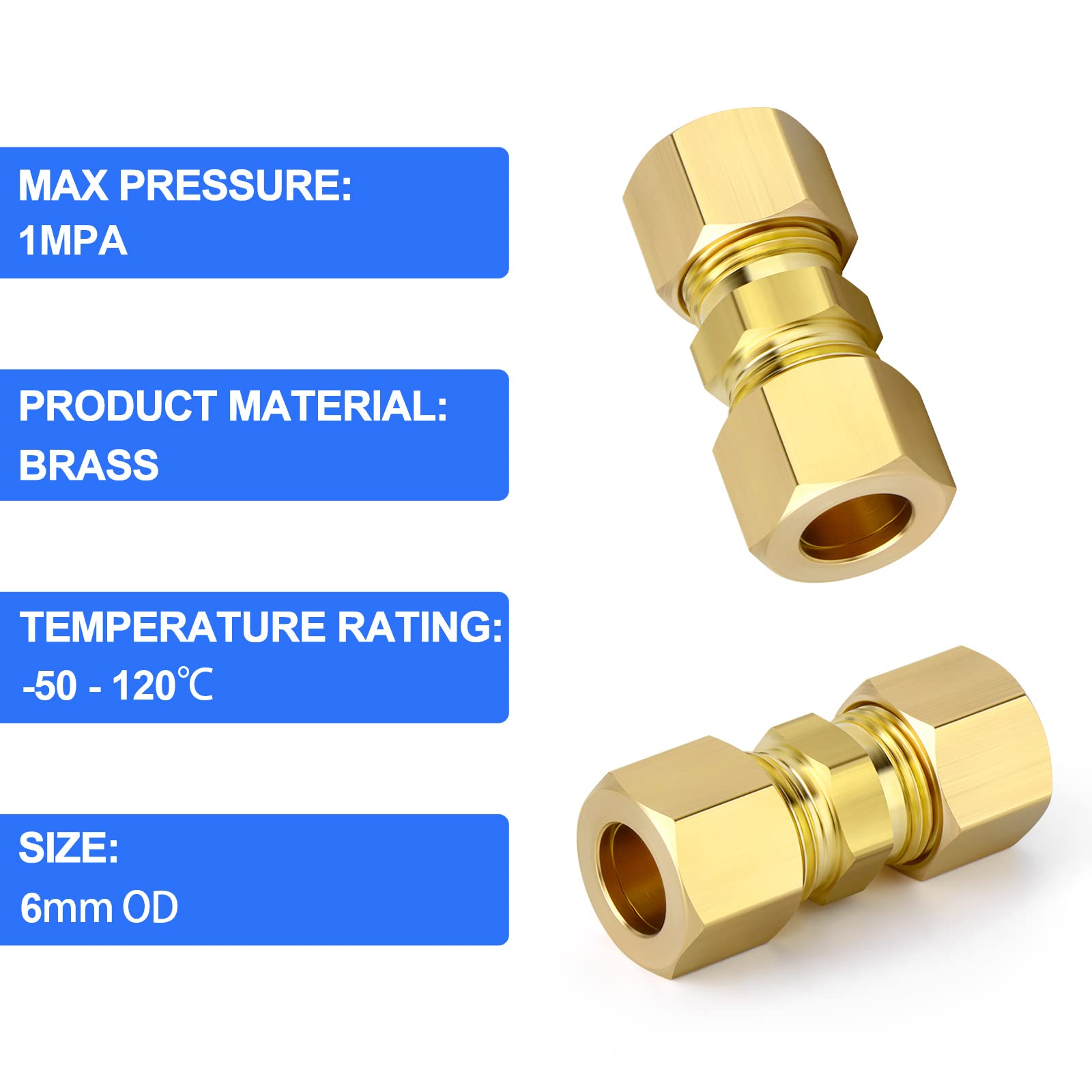 ERGAOBOY 5 Pcs 6mm OD x 6mm OD Brass Compression Tube Union Connector, Heay Duty Brass Compression Fitting