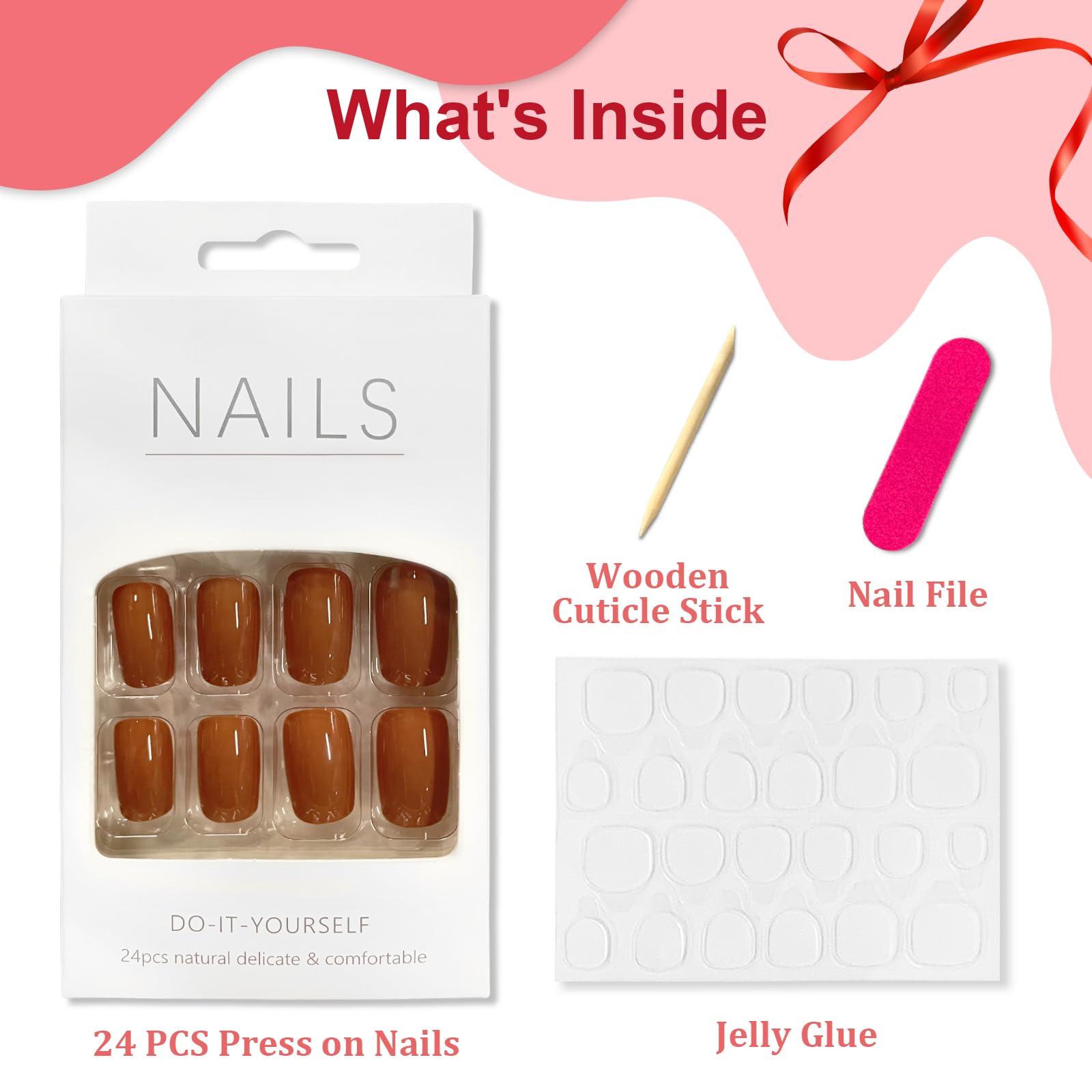 24Pcs Press on Nails Short, Square French False Nails Orange Glossy Pure Colour Fake Nails, Acrylic Stick on Nails with Glue Stickers, Removable Full Cover Glue-on Nails for Women Girls DIY Manicure