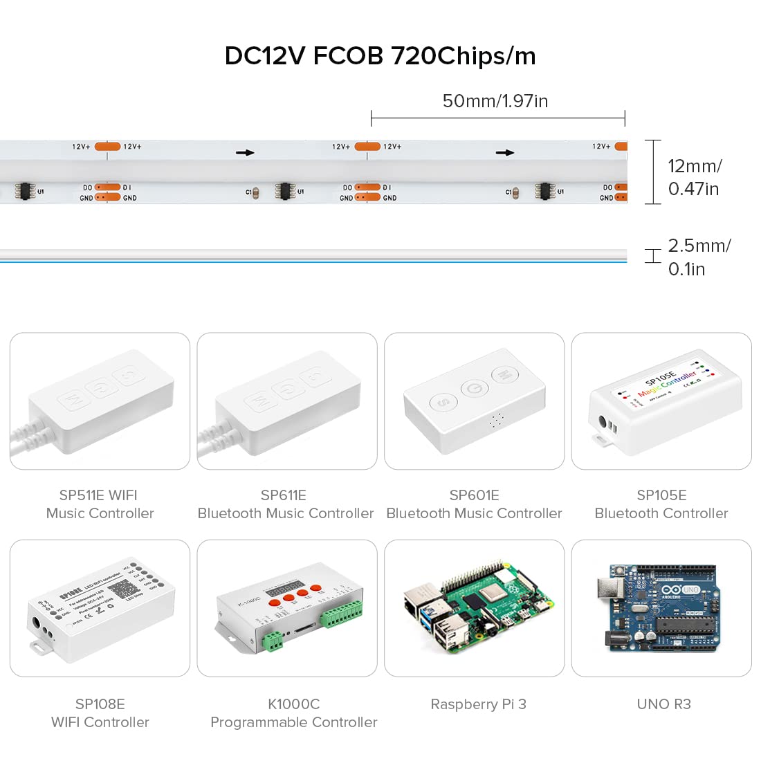 BTF-LIGHTING FCOB SPI RGB Flexible High Density LED Strip COB WS2811 IC LED Strip 5M 720LEDs/m 21W/M DC12V White PCB IP30 Chasing Colour(Without Controller and Power Supply)