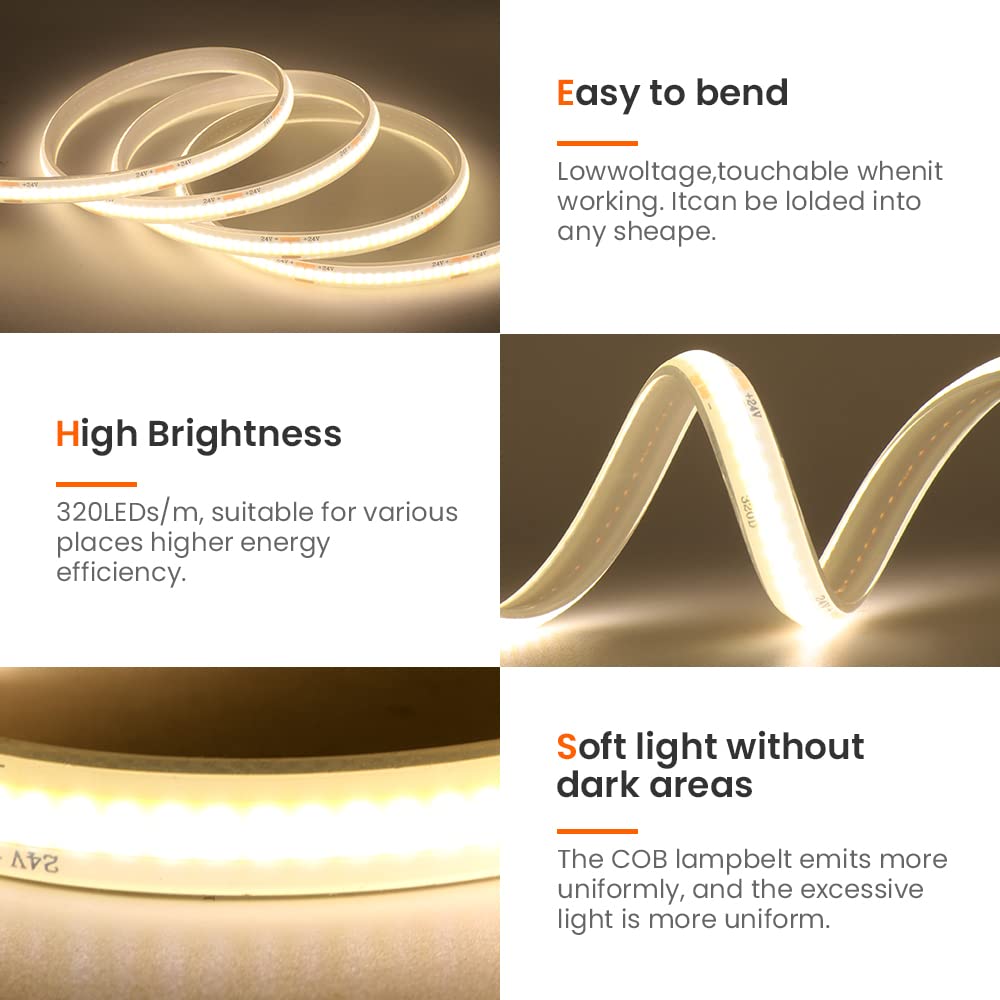 Wisada 1m COB LED Light Strip Self-Adhesive, 24V 320 LEDs/M Natural White FCOB LED Rope Light, Super Bright Waterproof Flexible Under Cabinet Light, Holiday Wedding Indoor and Outdoor Lighting