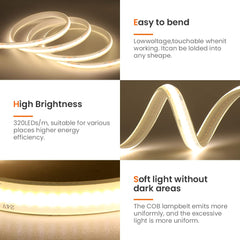 Wisada 1m COB LED Light Strip Self-Adhesive, 24V 320 LEDs/M White FCOB LED Rope Light, Super Bright Waterproof Flexible Under Cabinet Light, Holiday Wedding Indoor and Outdoor Lighting