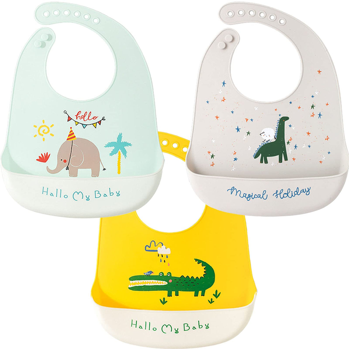 ZYUPHY Silicone Bibs for Babies, 3 PCS Baby Weaning Bibs Waterproof Baby Feeding Bibs with Wide Food Catcher Pocket BPA Free Soft Adjustable for Toddlers Girls and Boys