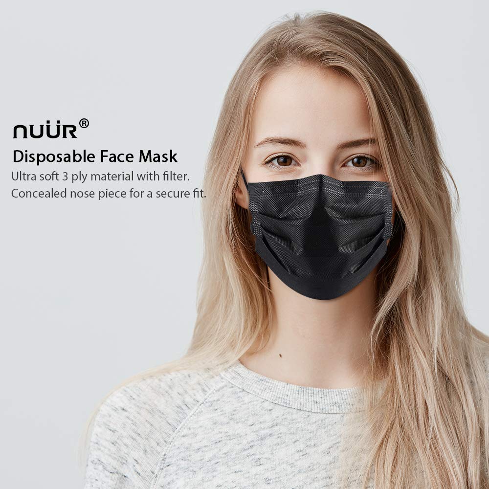 NUÜR 10pcs 3 Ply Disposable Face Mask, Mask with Filter Layer and Elastic Earloop, Retail Sealed bags, Black