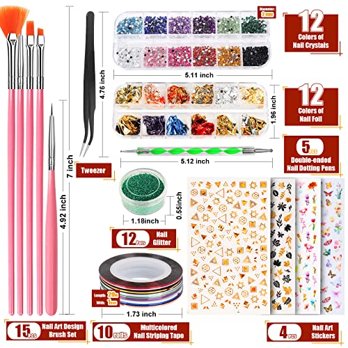 Teenitor Nail Art Kit with Nail Glitter, Nail Art Brushes & Nail Sticker for Gel Nails Art, Nail Gems Nail Accessories Tool for Teenage Girls, Nail Art Pens Nail Dotting Tool for Beginners