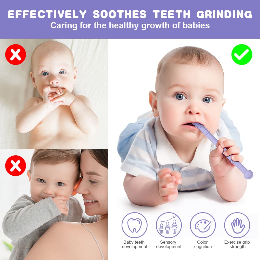 Vicloon Teething Toys for Baby, 4PCS Baby Silicone Teether Tubes with 4 Cleaning Brush, Teether Sensory Toys Gum Massager, Baby Teething Toy Infant Chew Straw Toy - Oblate