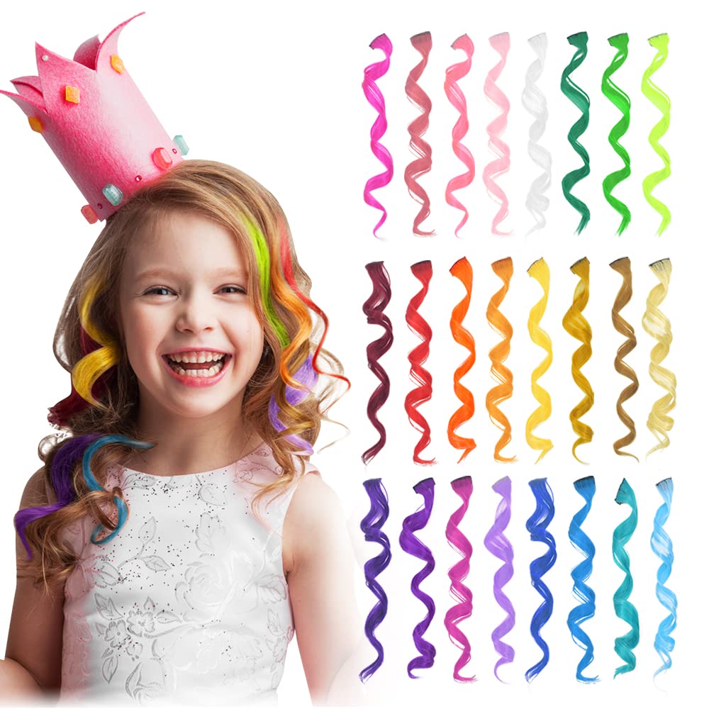 Dreamlover Clip in Coloured Hair Extensions for Kids, Kids Hair Extensions for Girls, Rainbow Hair Accessories for Girls, 24 PCS