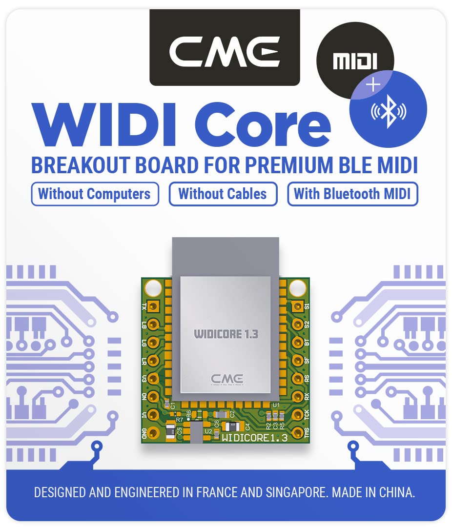 CME WIDI Core - Smart (BLE) breakout board that implements premium MIDI over Bluetooth Low Energy as developed by CME with onboard PCB antenna and populated pin header