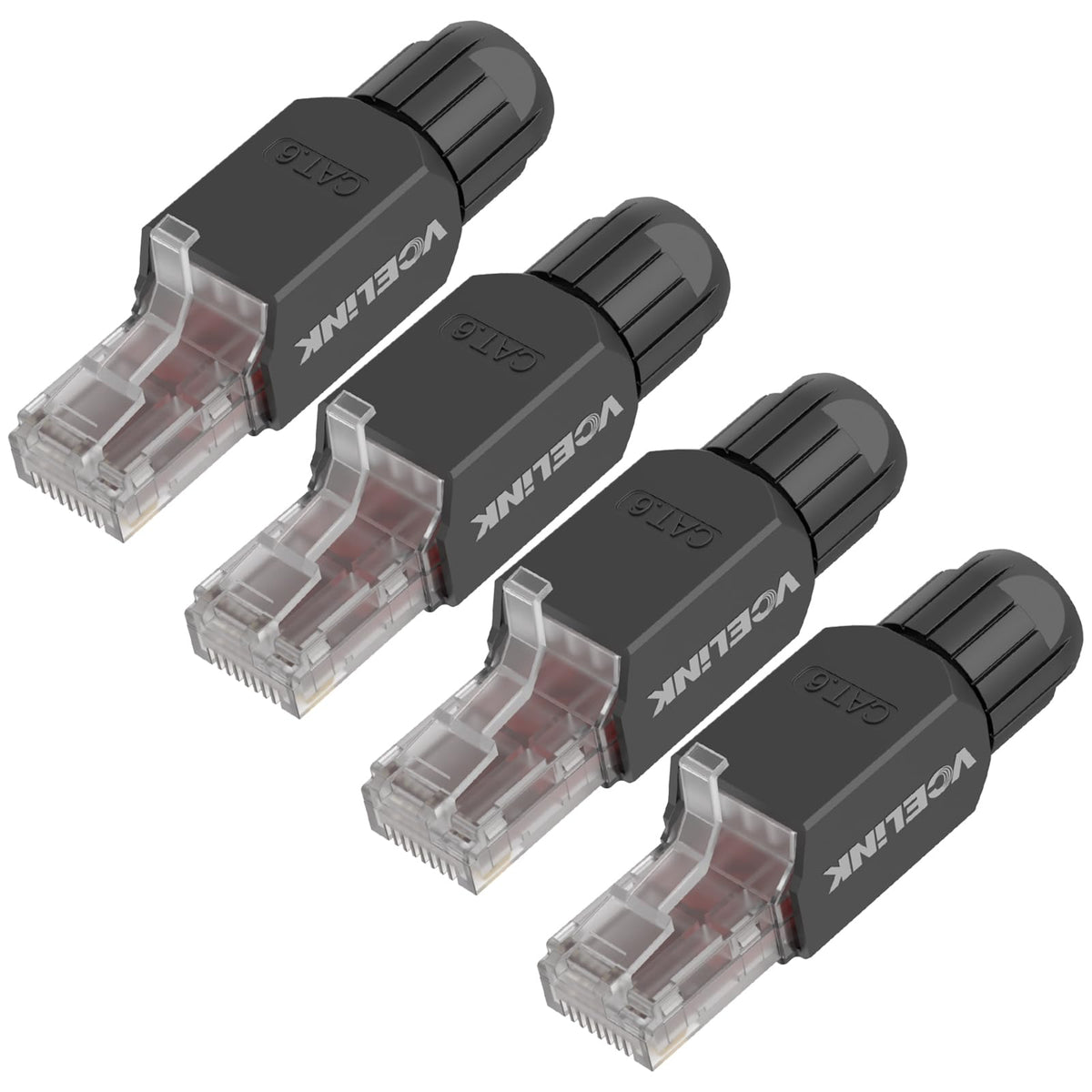 VCELINK Tool-Free RJ45 Connectors Toolless Cat6 Modular Plug Gold Plated Cat6 Ethernet Cable Ends for 23-26 AWG Network Cable 4 Pack Black