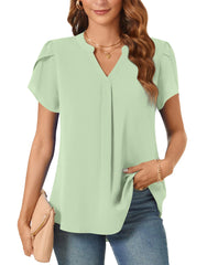 Aodemo Women's Summer Chiffon V Neck Blouses Tulip Short Sleeves Dressy Tunic Office Tops Casual Loose T-Shirts L, Matcha Green