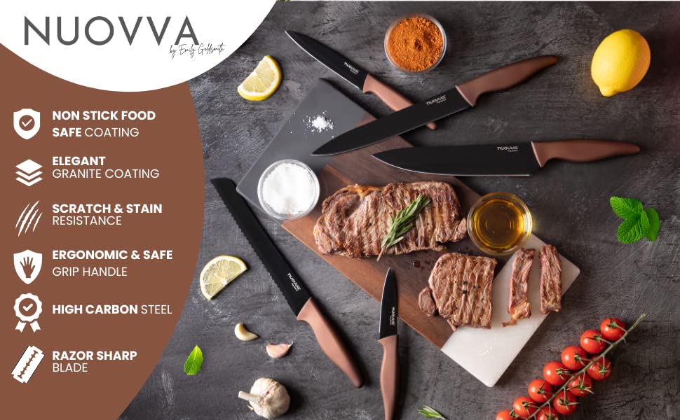 nuovva Sharp Kitchen Knife Set – 5pcs Copper Kitchen Knives – Professional Stainless Steel Filleting Knives - Black Non Stick Blades