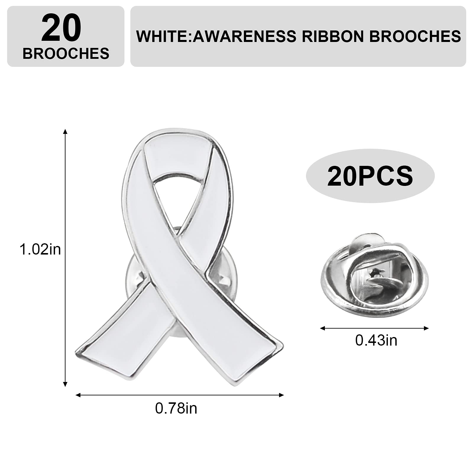 WANDIC Ribbon Pin Charms, Metal Awareness Lapel Pin Ribbon Brooch Mixed Color Lapel Pins Hope Pins Enamel Jewelry Pins for Decoration (White, 20)