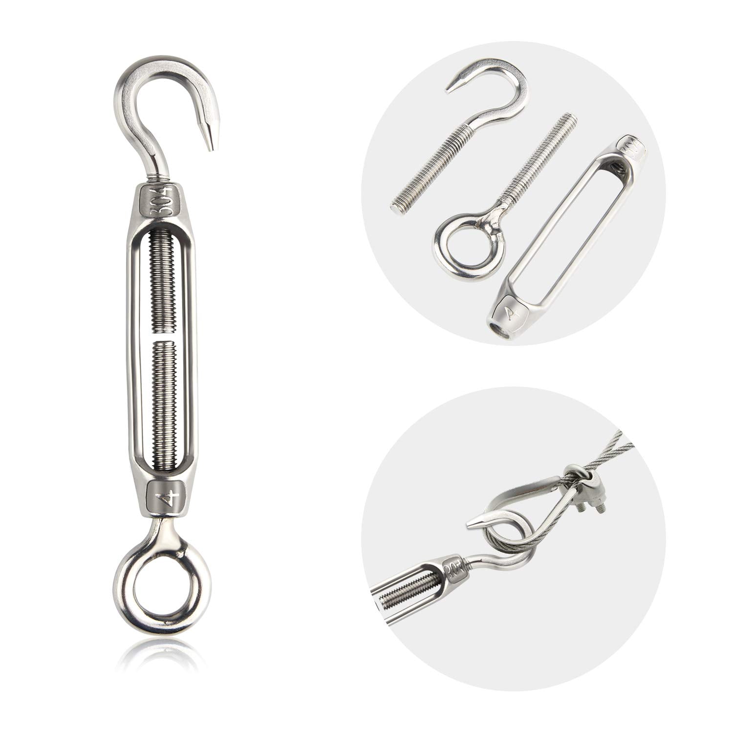 FEPITO 10Pcs Turnbuckle Wire Tensioner 304 Hook & Eye Adjustable Turnbuckle M4 Stainless Steel Tensioner Set Heavy Duty