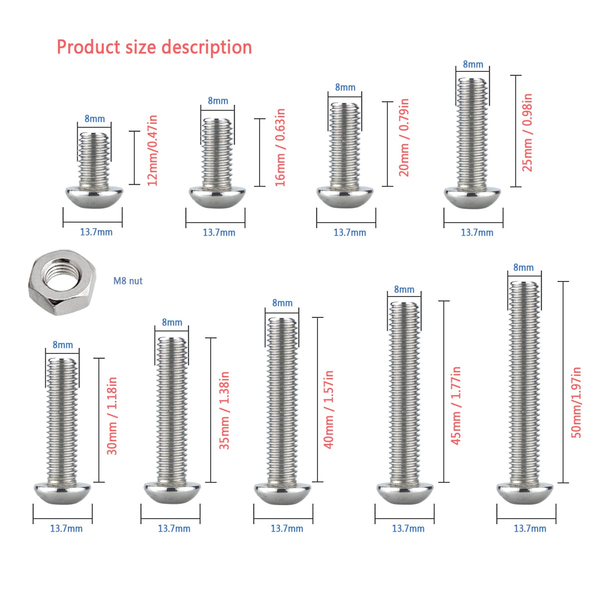 Bolts and Nuts Set, Hex Head M8 Stainless Steel Machine Screws and Round Head Hexagon Socket Bolts Assortment(12/16/20/25/30/35/40/45/50mm) (M8, Silver)