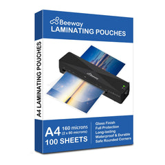 BEEWAY A4 Laminating Pouches - 100 Sheets, 160 Micron (2 x 80 Micron), Glossy Finish - High Quality, Clear, Rounded Corners, Full Protection - Ideal for Photos and Notes