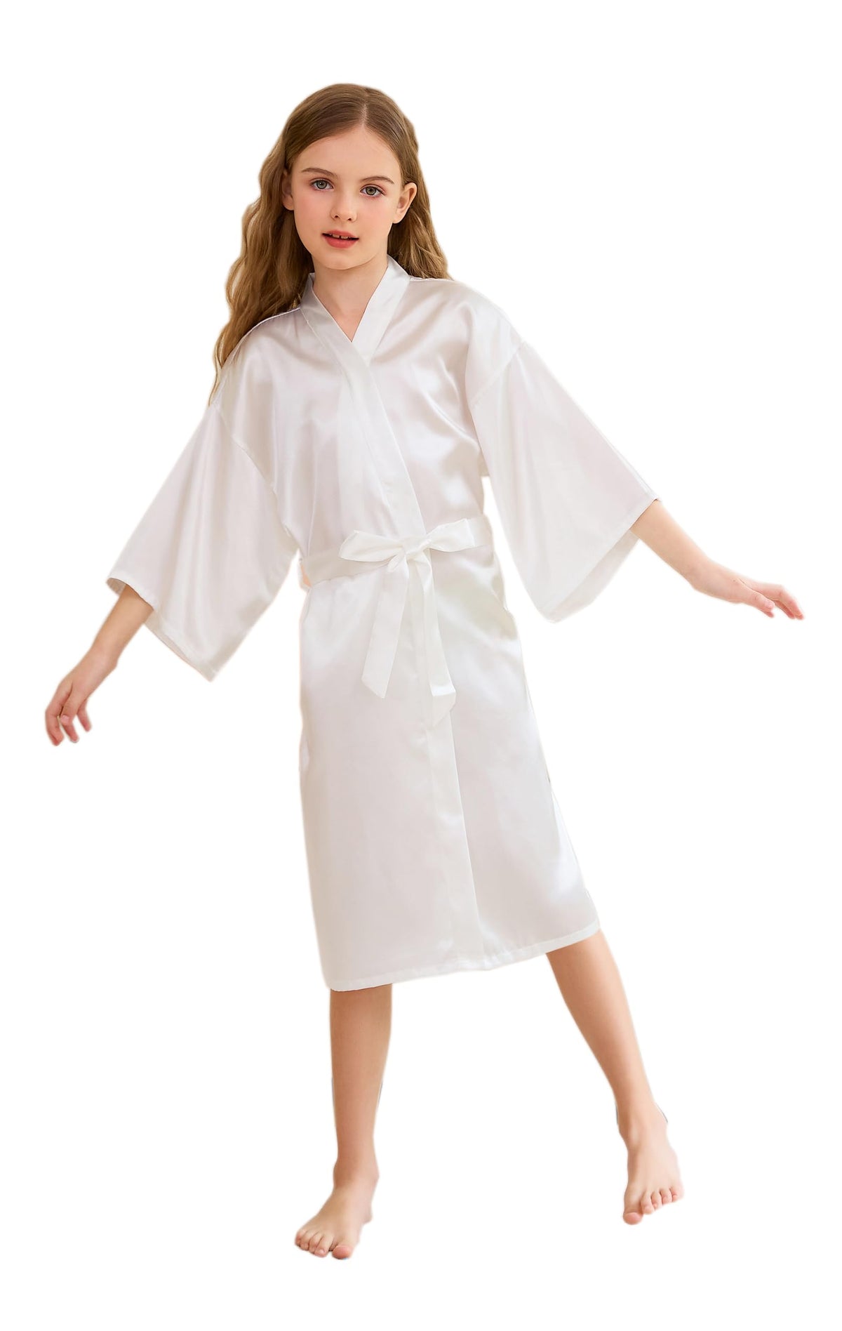 CuteOn Kids Girls Satin Silk Kimono Robe Dressing Gown Bathrobe Nightwear for Spa Wedding Birthday Party Dress White Size 2-3Years - (Height 80-90cm)
