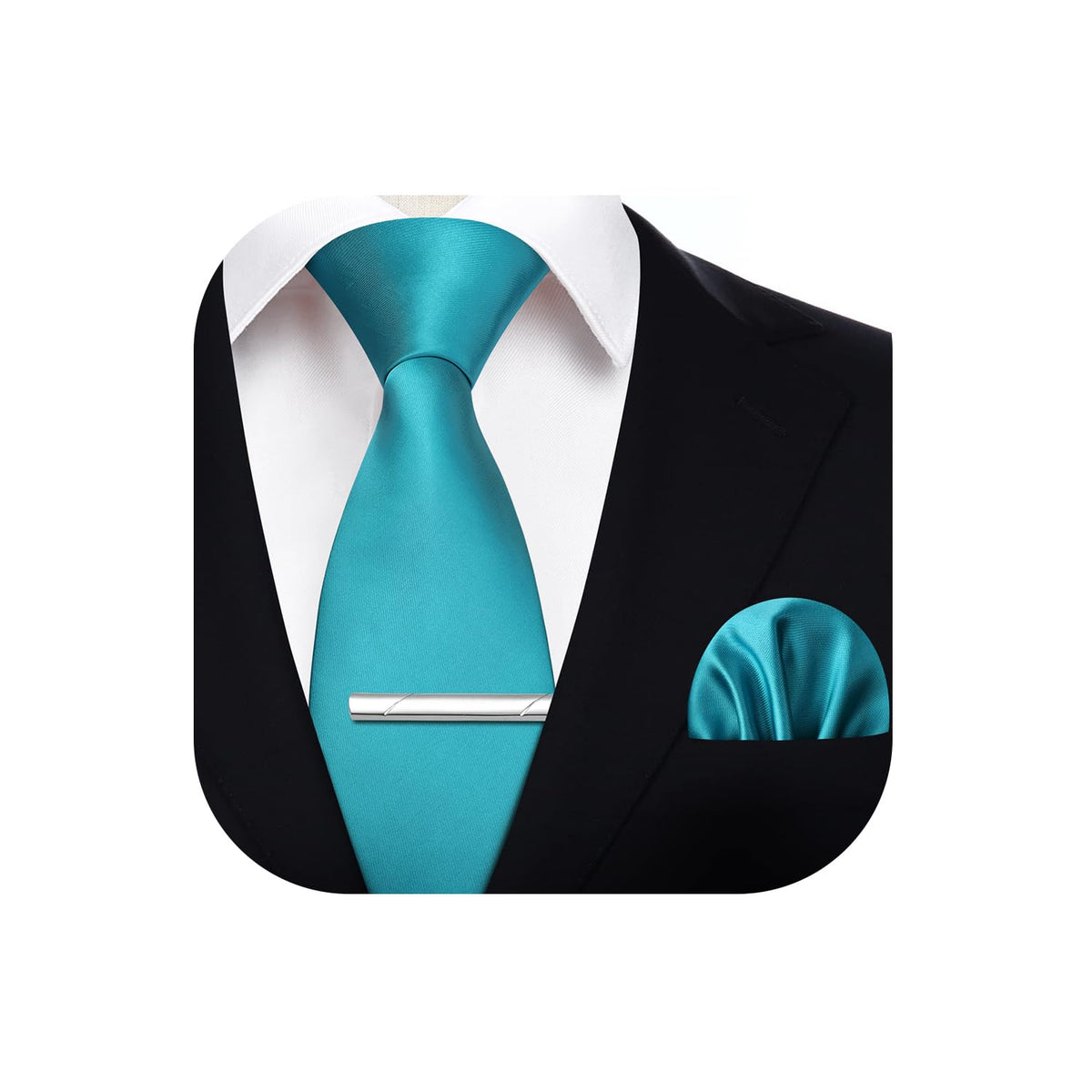 HISDERN Turquoise Ties for Men Solid Color Tie and Pocket Square Set Formal Necktie with Handkerchief Tie Clips for Business Wedding