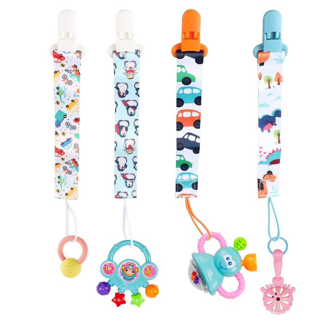 Zeayebsr Dummy Clip Boys, Pacifier Clips,Soother Clips, 4 Pack Pacifier Holders Leashes Set, Fits All Pacifiers Baby Teething Toys, Newborn Essentials, Baby Shower