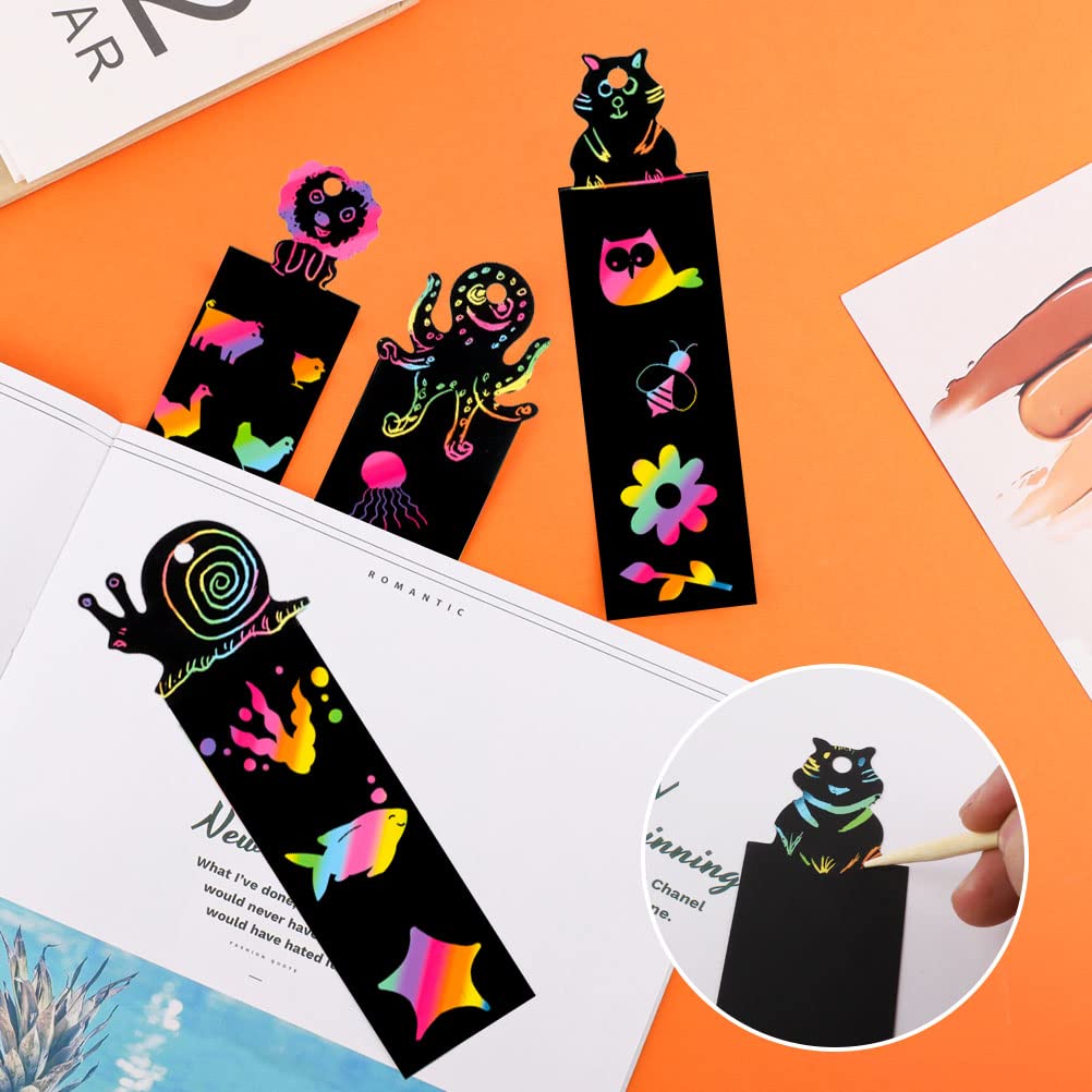 24 Pcs Magic Scratch Rainbow Bookmarks, Animal Scratch Art Bookmark Black Scratch Paper Bookmark with 24 Pcs Colourful Ribbons 24 Pcs Wooden Stylus for DIY, Christmas Gifts for Kids