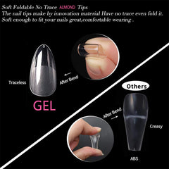 Short Almond Nail Tips - Soft Gel Nail Tips Set with Nail Glue 120Pcs Almond Shaped Full Cover Gel Nails Pre Etched for Extensions, PMMA Resin Clear Strong False Press on Nails