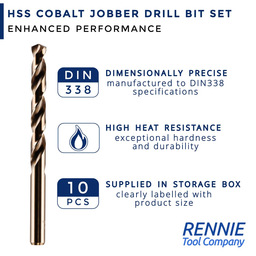 Rennie Tools - Box of 10 x 1.8mm HSS Gold Cobalt Jobber Drill Bit Set For Stainless Steel, Hard Metals, Aluminium, Cast Iron, Copper. Twist Drill Bit Sets Supplied In A Box. 1.8mm Drill Bit Set