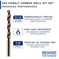 Rennie Tools - Box of 10 x 1.8mm HSS Gold Cobalt Jobber Drill Bit Set For Stainless Steel, Hard Metals, Aluminium, Cast Iron, Copper. Twist Drill Bit Sets Supplied In A Box. 1.8mm Drill Bit Set