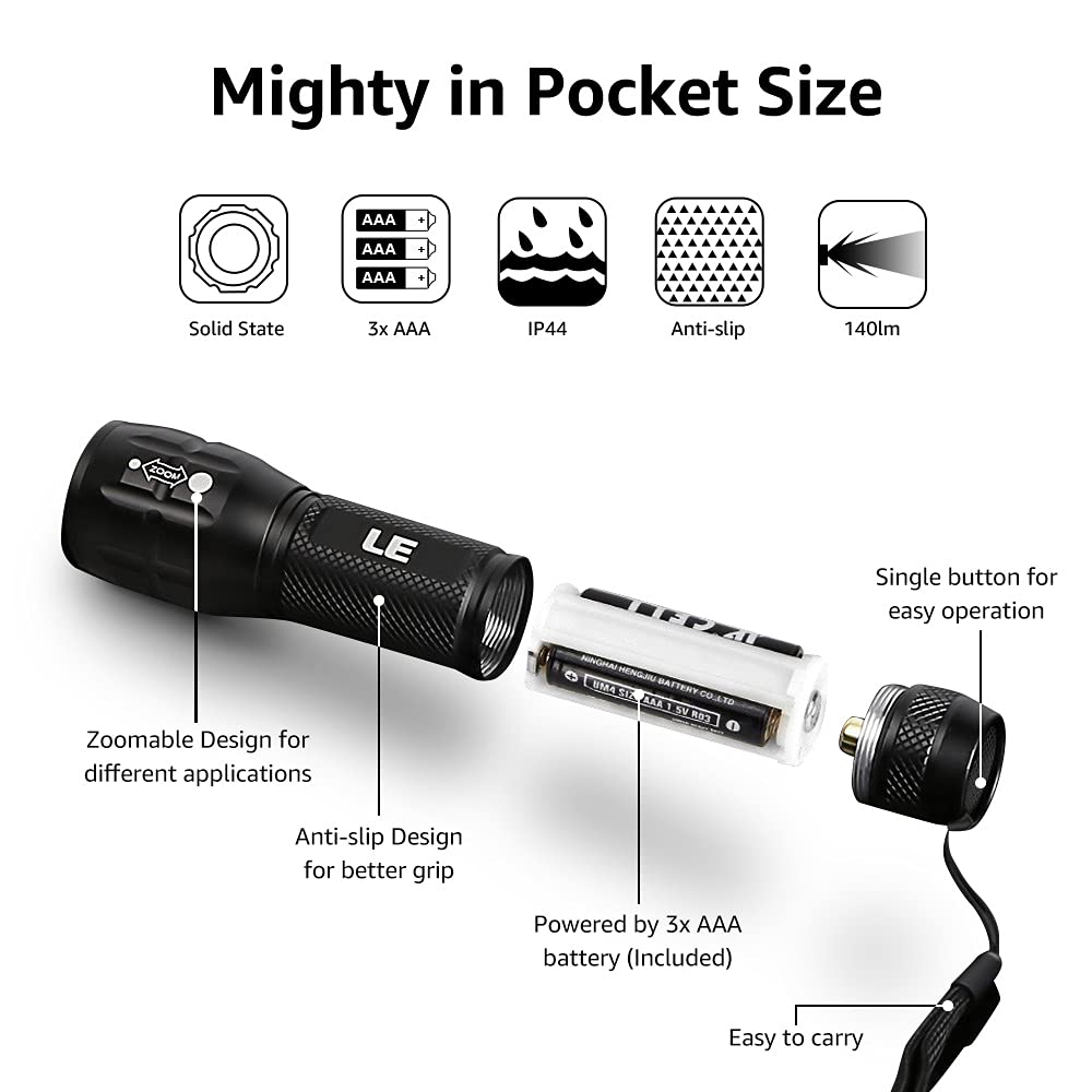 LE LED Torch Battery Powered, LE1000 Super Bright Hand Flashlight, Adjustable Focus, Water Resistant, Lightweight, for Power Cut, Camping, Dog Walking,Easy to Use Small Torch for Elderly Kids Men