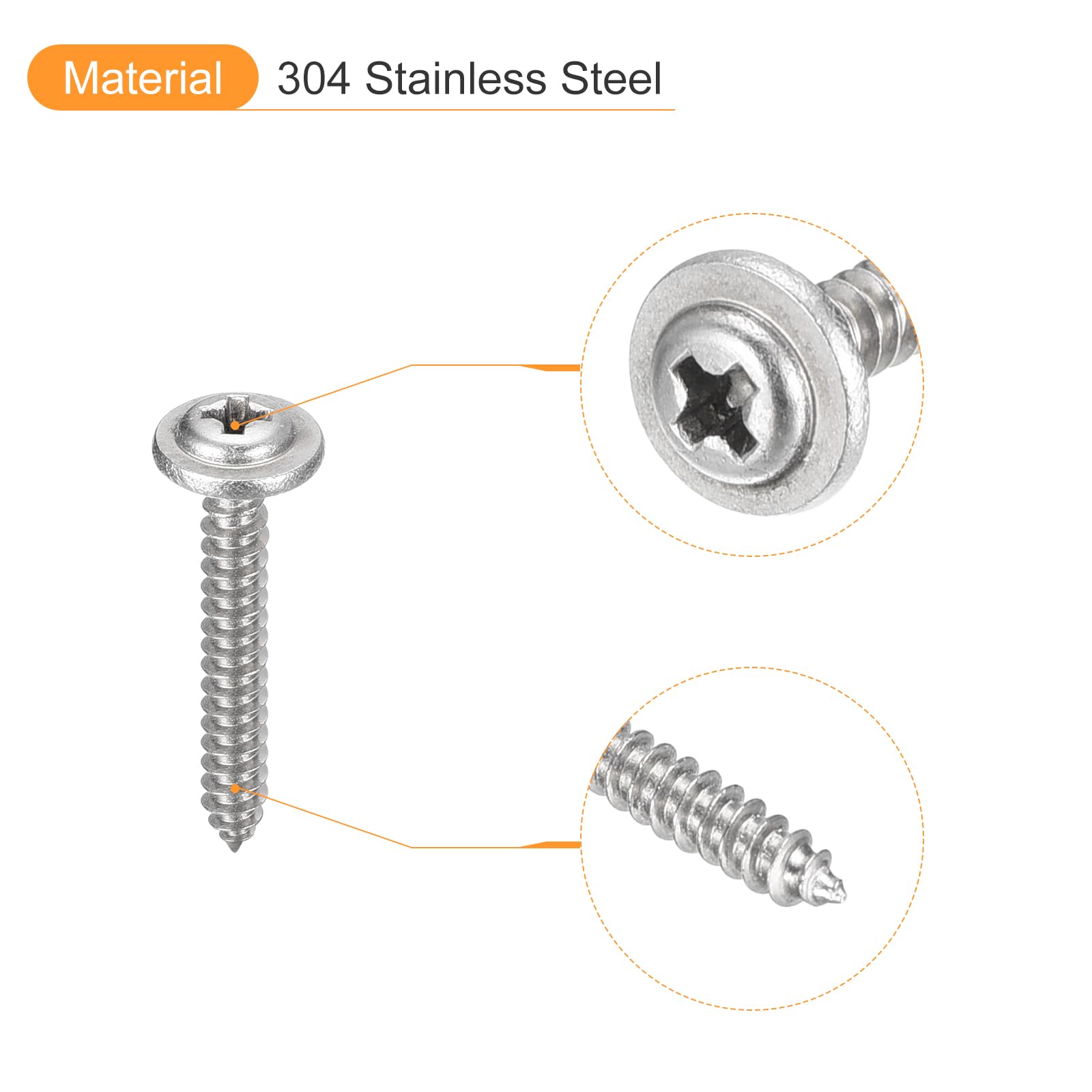 sourcing map ST2.3x16mm Phillips Pan Head Self-tapping Screw with Washer, 100pcs - 304 Stainless Steel Wood Screw Full Thread (Silver)