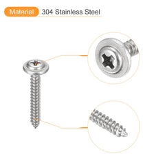 sourcing map ST2.3x16mm Phillips Pan Head Self-tapping Screw with Washer, 100pcs - 304 Stainless Steel Wood Screw Full Thread (Silver)