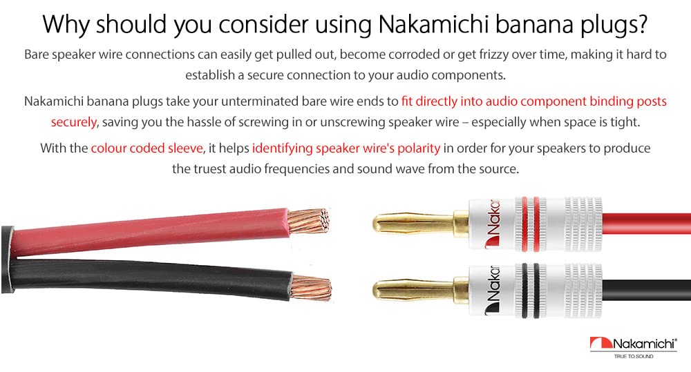 Nakamichi Excel Series 24k Gold Plated Banana Plug 12 AWG - 18 AWG Gauge Size 4mm for Speakers Amplifier Hi-Fi AV Receiver Stereo Home Theatre Audio Wire Cable Screw Connector, 4 Pcs (2-Pairs)