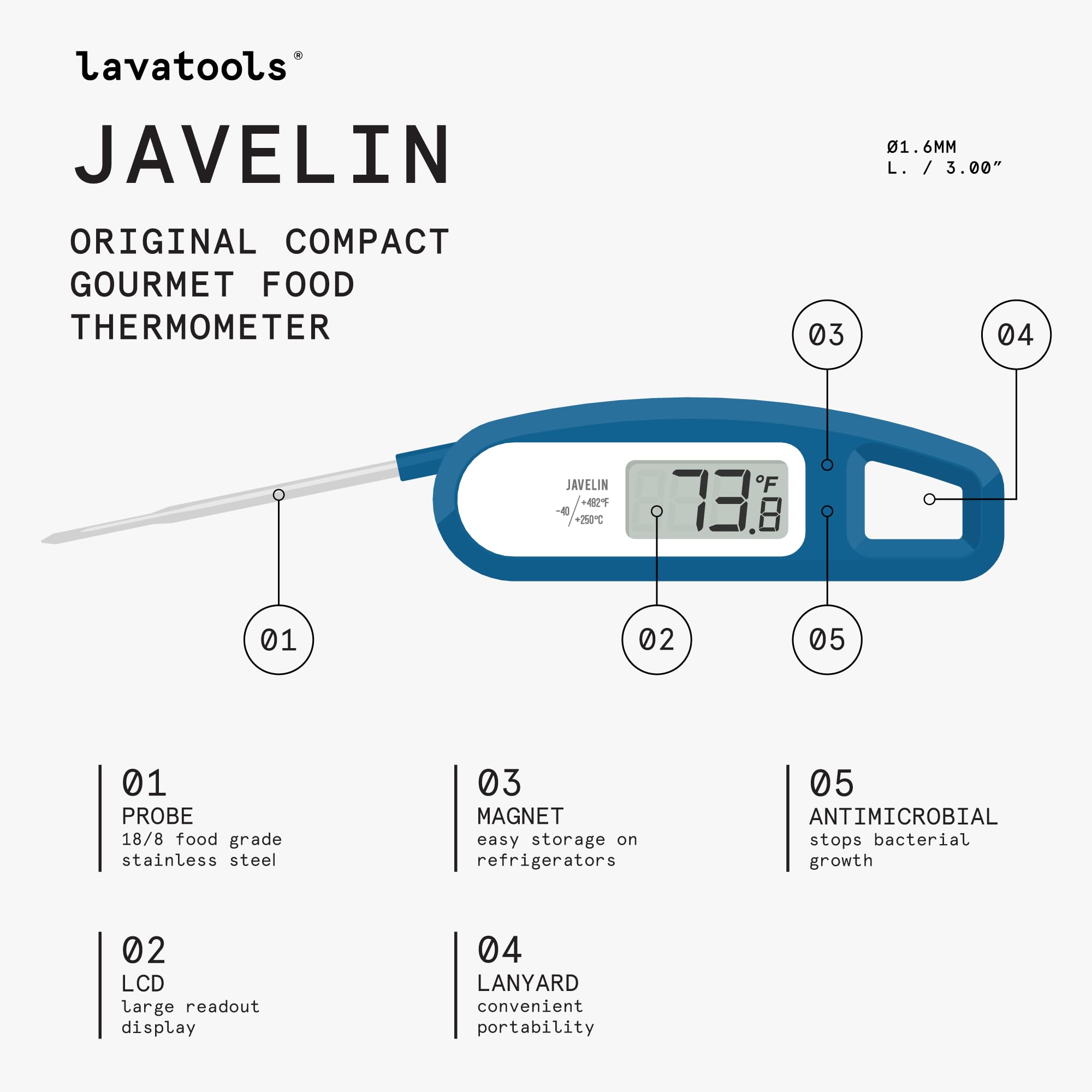 Lavatools PT12 Javelin Digital Instant Read Meat Thermometer for Kitchen, Food Cooking, Grill, BBQ, Smoker, Candy, Home Brewing, Coffee, and Oil Deep Frying (Indigo)