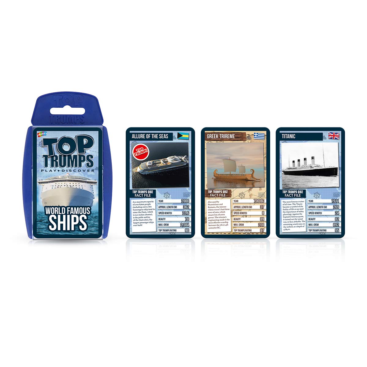 Top Trumps World Famous Ships Classic Card Game, learn facts about tankers, yachts and cruise ships including Allure of the Seas, Titanic and Brittania, gifts and toys for boys and girls aged 6 plus