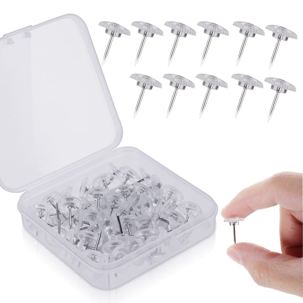 Prasacco 50 Pieces Transparent Thumb Tacks Clear Push Pins Plastic Drawing Pins with Storage Box Thumbtacks for Wall Hangings Steel Point Cork Board Tacks for Maps Posters Photos