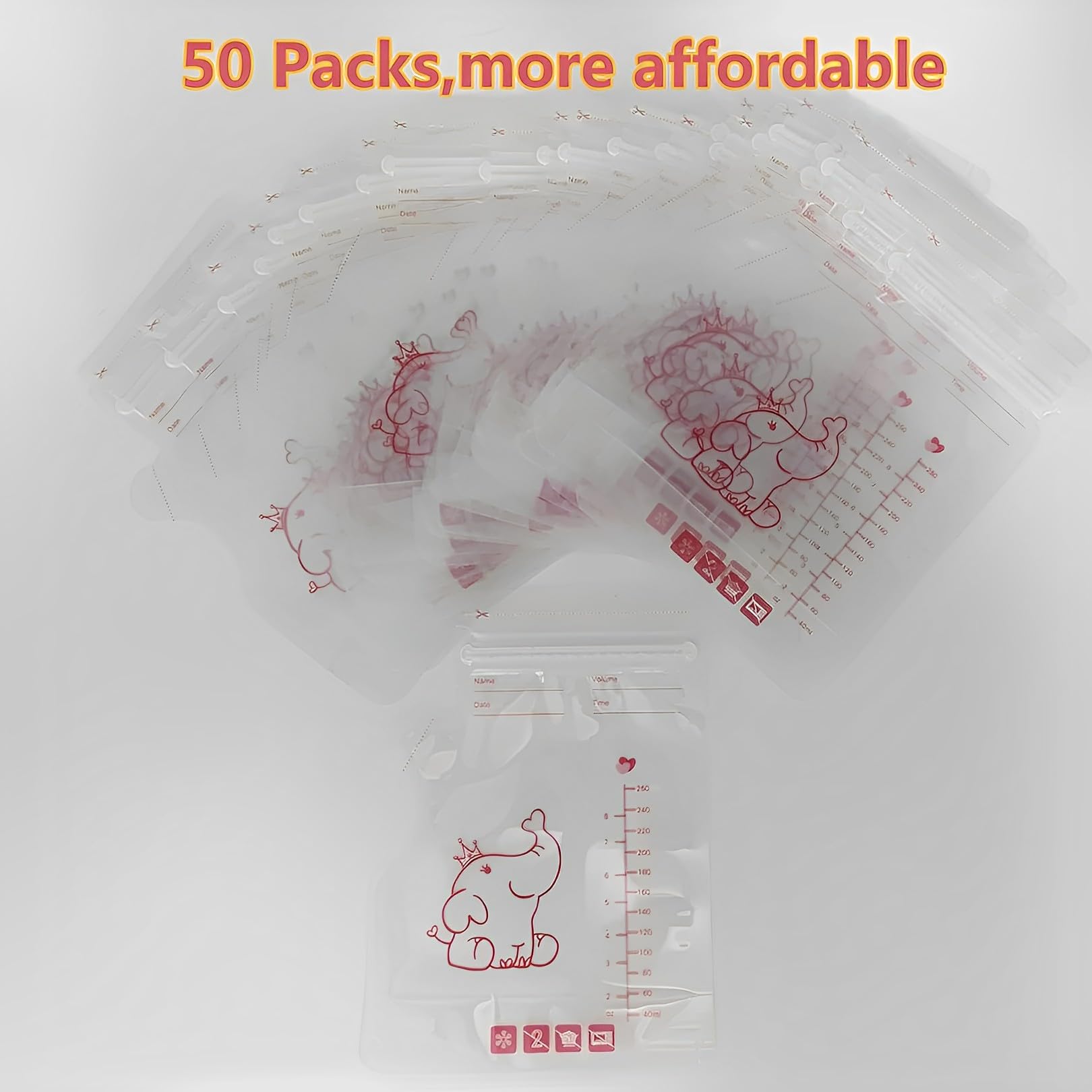 MORJCG 50 Pcs Breast Milk Storage Bag, 250ml Disposable Bags, Bags Breastfeeding, No-Leak Freezer Pouches, for (Elephant Pattern)