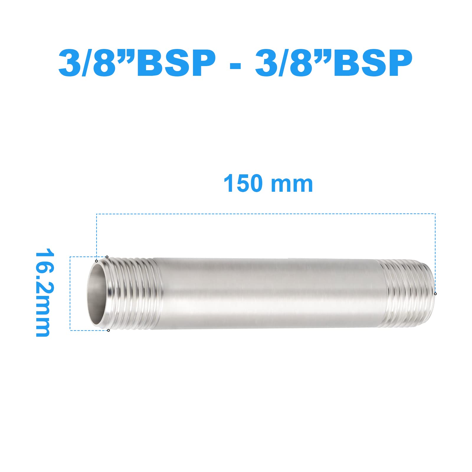 ERGAOBOY 2 Pcs 150mm 3/8 inches x 3/8 inches Male BSP Nipple Cast Pipe 304 Stainless Steel Pipe Fittings